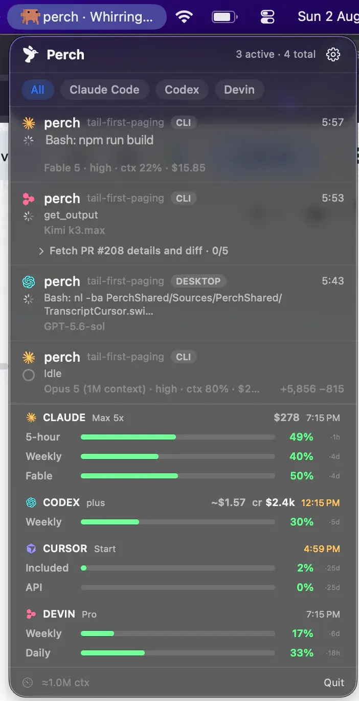 The Perch panel open from the macOS menu bar: four agent sessions with live state, model, context window and spend, one showing its task checklist mid-run, plus Claude, Codex, Cursor and Devin usage limits